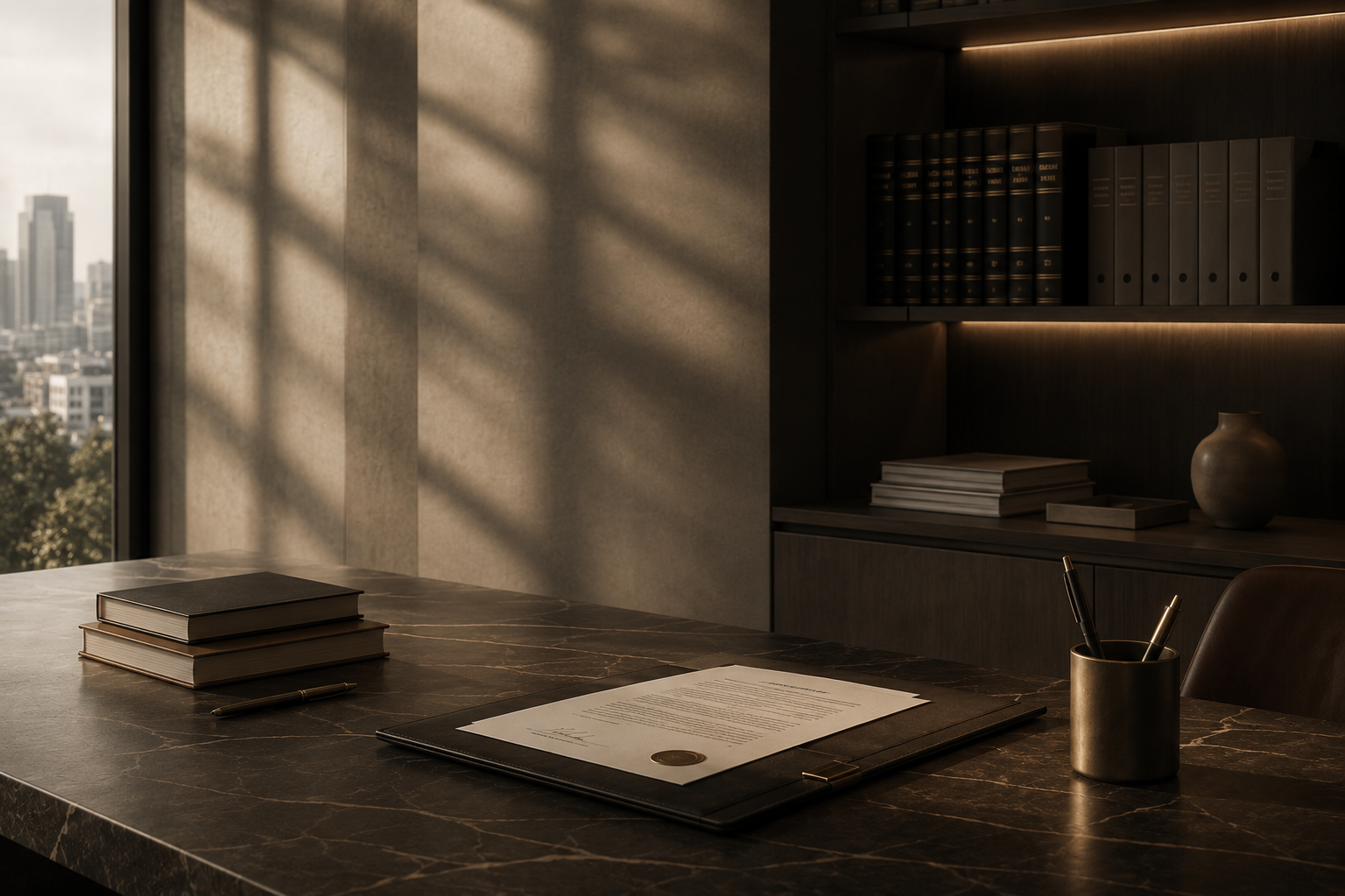 Executive office with signed trademark documents
